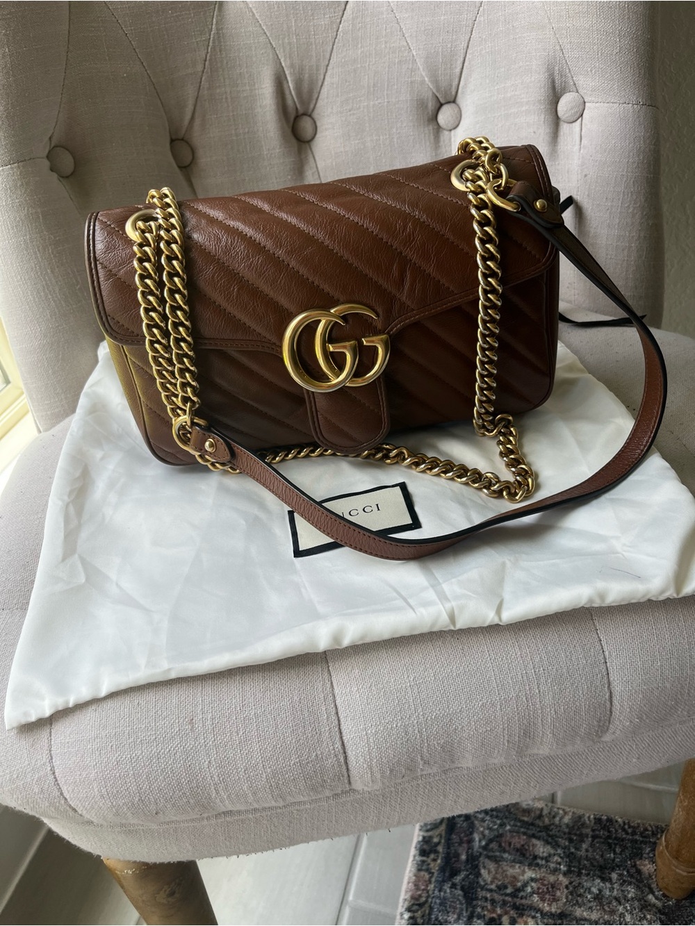 Gucci Brown Small Matelassé Leather Marmont Shoulder Bag with Gold Hardware Cuir